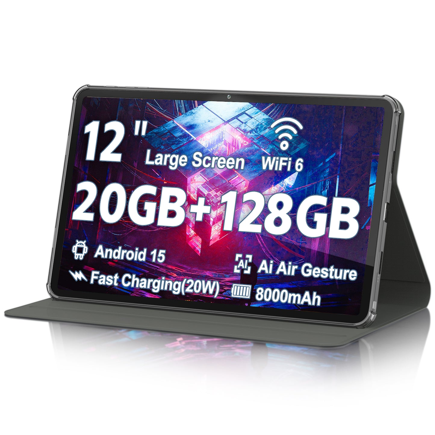 Android 15 Tablet, 12 inch 2000x1200 2K Touch Screen, 20GB RAM 128GB ROM 1TB Expansion, Gemini Ai A733 Octa-Core Processor, 5MP+13MP Dual Camera, WiFi6, BT5.0, 8000mAh Battery, Metal Grey with Case