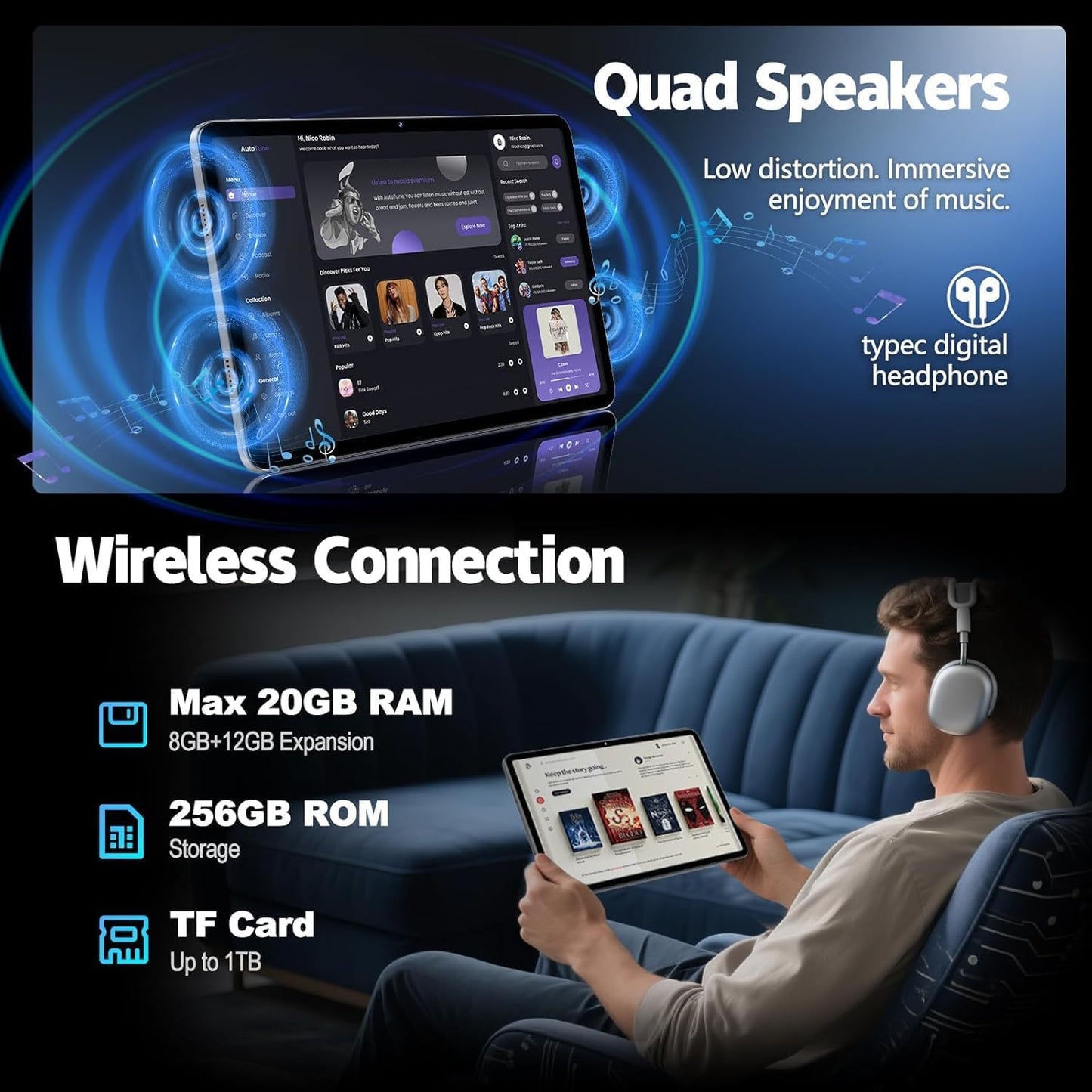 2025 Android Tablet, 12 inch 2K Large Screen Tablet with Case, 20GB RAM 256GB ROM, T616 2000x1200 Touch Screen, 5MP+15MP Dual Camera, Type-C Port, Support 18W Fast Charge, 8000mAh Battery, Metal Grey