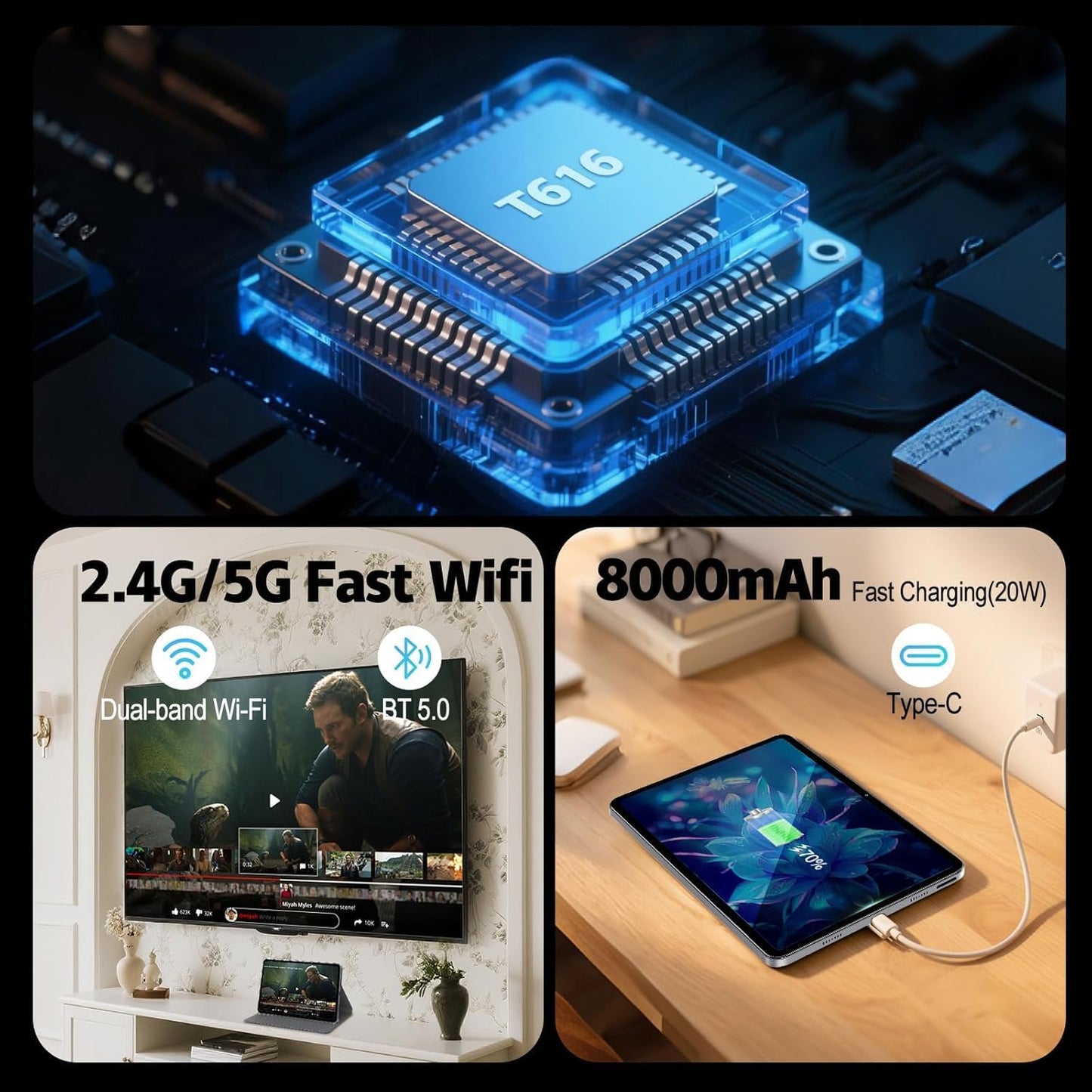 2025 Android Tablet, 12 inch 2K Large Screen Tablet with Case, 20GB RAM 256GB ROM, T616 2000x1200 Touch Screen, 5MP+15MP Dual Camera, Type-C Port, Support 18W Fast Charge, 8000mAh Battery, Metal Grey