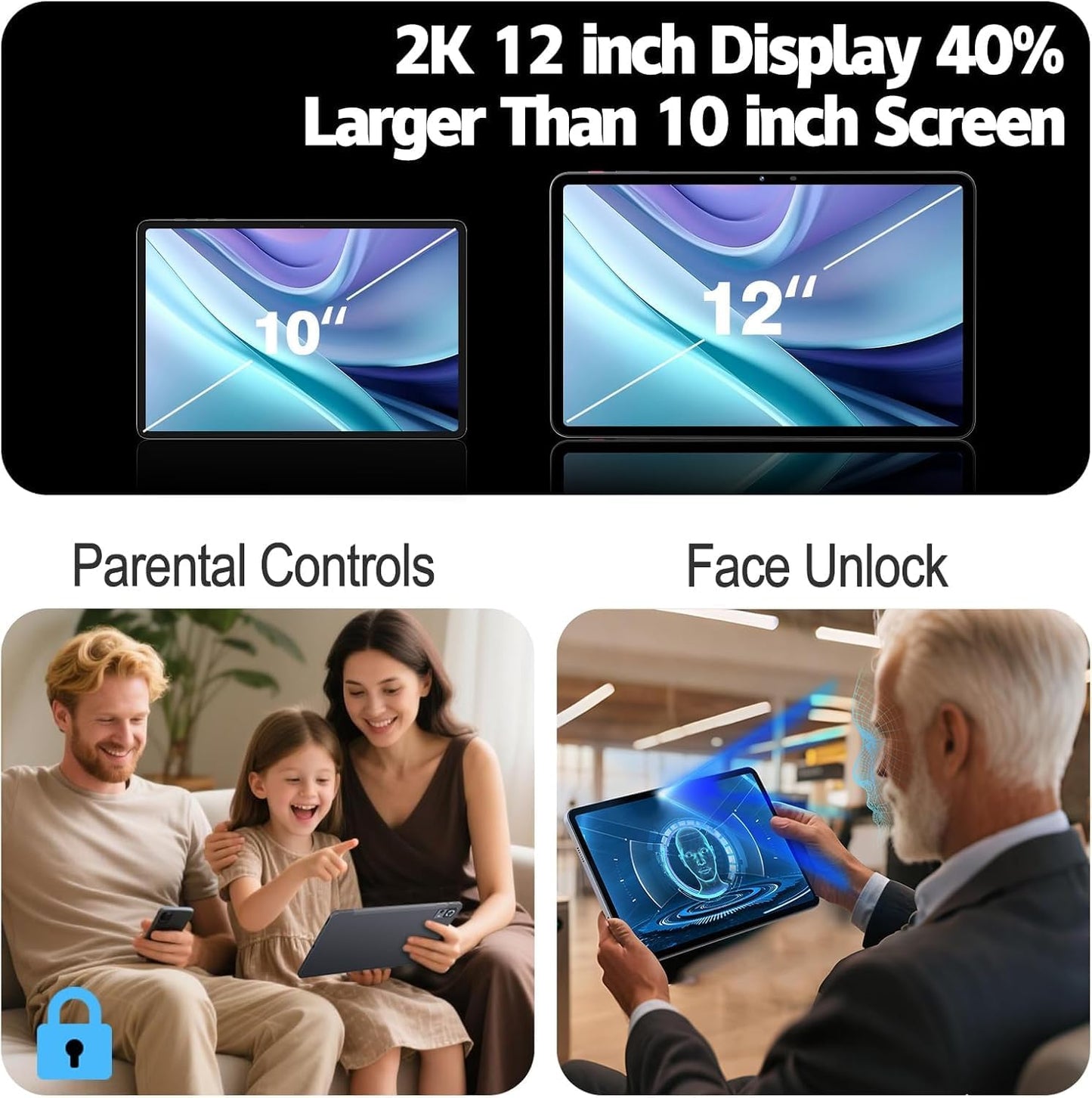 2025 Android Tablet, 12 inch 2K Large Screen Tablet with Case, 20GB RAM 256GB ROM, T616 2000x1200 Touch Screen, 5MP+15MP Dual Camera, Type-C Port, Support 18W Fast Charge, 8000mAh Battery, Metal Grey