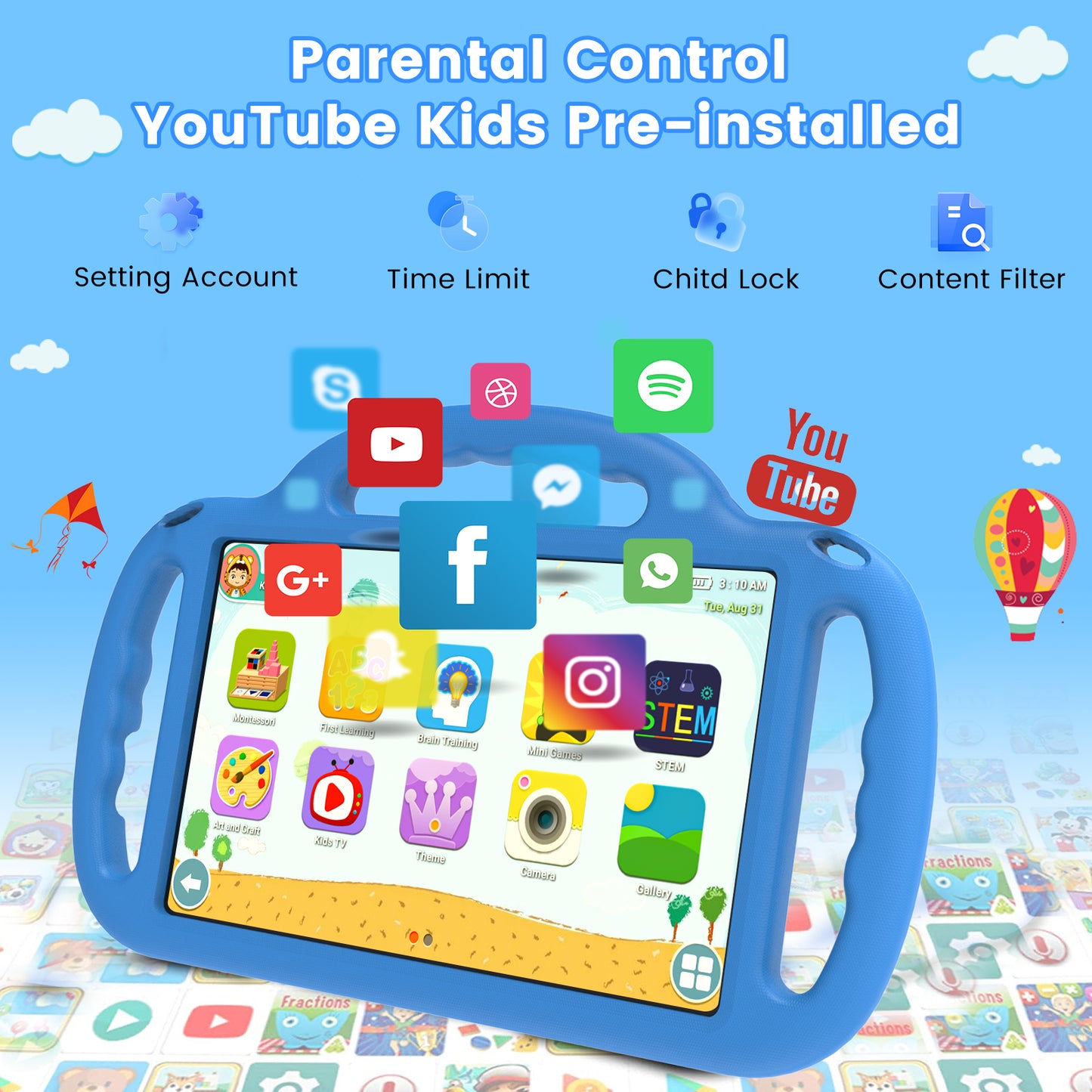 Tablet, Android Tablet, 12GB RAM 64GB ROM 1TB Expansion, 10 inch 800x1280 FHD Touch Screen, 2MP+8MP Dual Camera, WiFi 5, 6000mAh Battery & Parental Control with Blue EVA Case