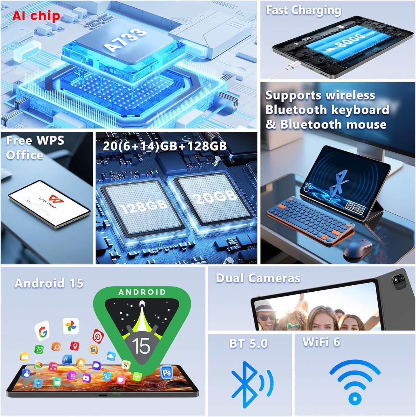 Android 15 Tablet, 12 inch 2000x1200 2K Touch Screen, 20GB RAM 128GB ROM 1TB Expansion, Gemini Ai A733 Octa-Core Processor, 5MP+13MP Dual Camera, WiFi6, BT5.0, 8000mAh Battery, Metal Grey with Case