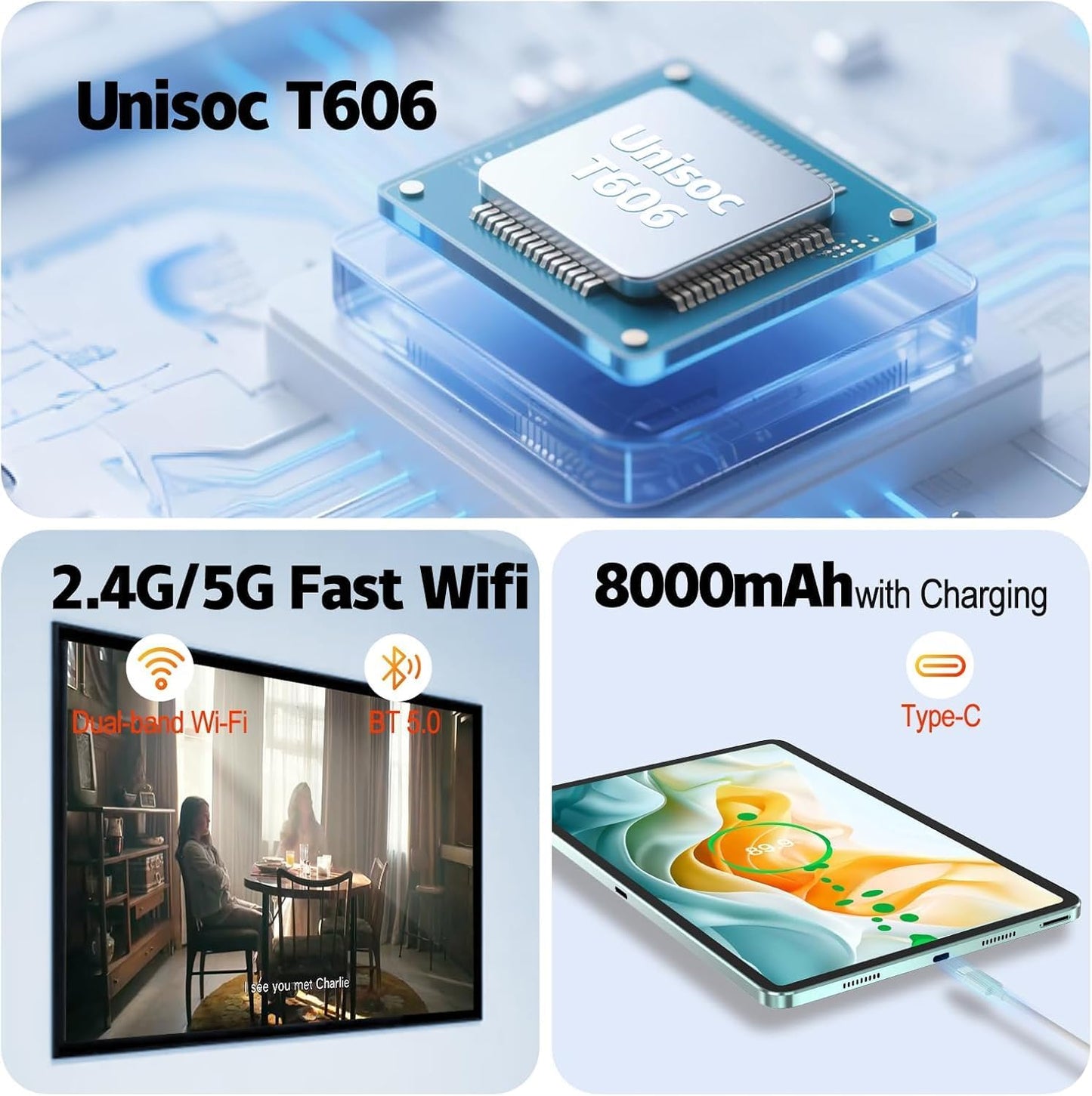 Android Tablet 11 inch, 18GB RAM 128GB ROM 1TB Expansion, T606 8-Core Processor, 1200x1920 FHD Touch Screen, Widevine L1, 5MP+8MP Camera, WiFi5, BT5.0, 8000mAh Battery, Metal Green with Case