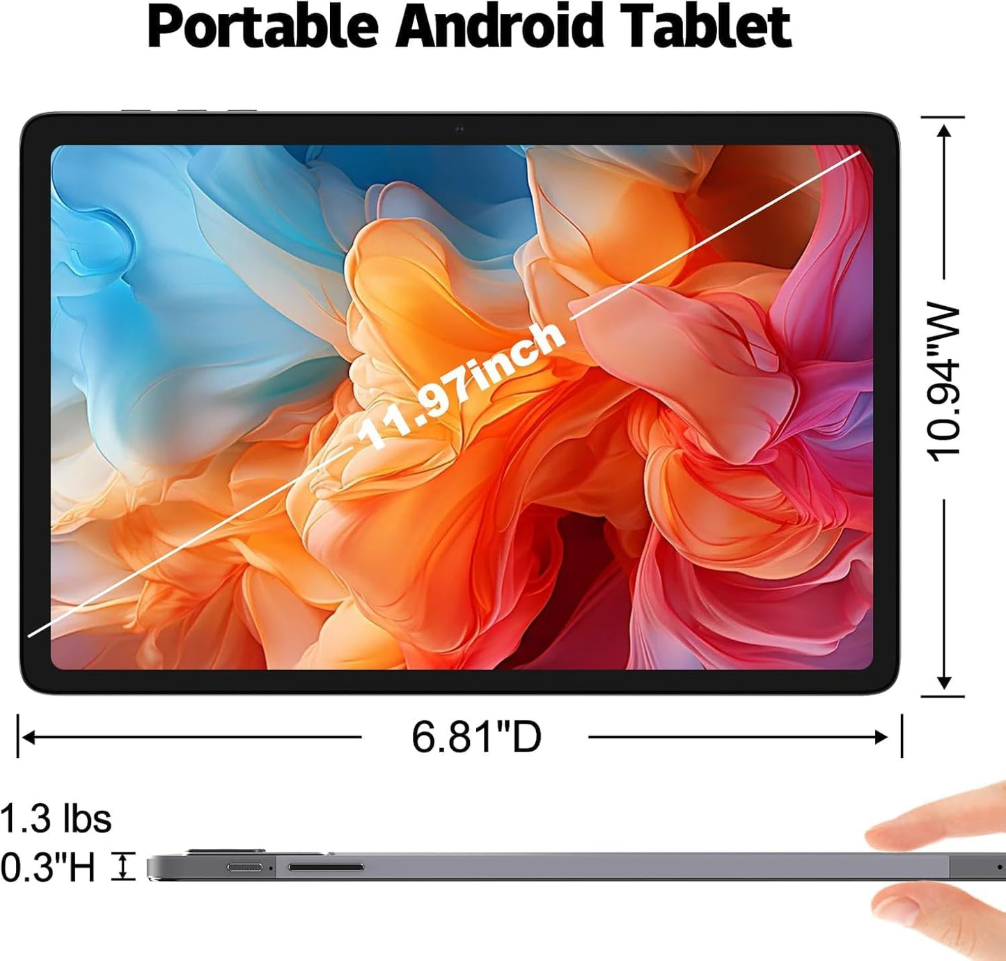 2025 Android Tablet, 12 inch 2K Large Screen Tablet with Case, 20GB RAM 256GB ROM, T616 2000x1200 Touch Screen, 5MP+15MP Dual Camera, Type-C Port, Support 18W Fast Charge, 8000mAh Battery, Metal Grey