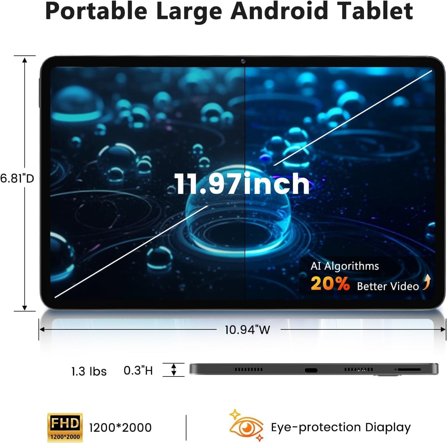Android 15 Tablet, 12 inch 2000x1200 2K Touch Screen, 20GB RAM 128GB ROM 1TB Expansion, Gemini Ai A733 Octa-Core Processor, 5MP+13MP Dual Camera, WiFi6, BT5.0, 8000mAh Battery, Metal Grey with Case